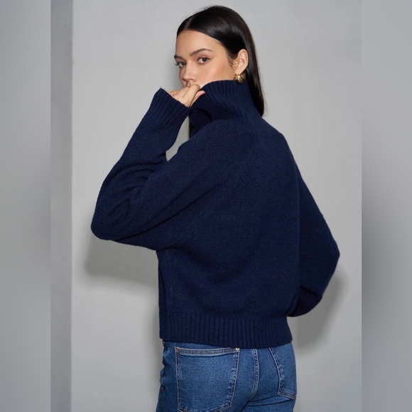 ZARA Ribbed Asymmetrical Turtleneck Sweater Navy Wool Blend Size S Minimal Knit - Picture 8 of 16